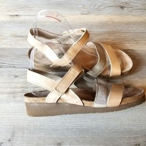 Naot Kayla Leather Cork Low Wedge Sandals